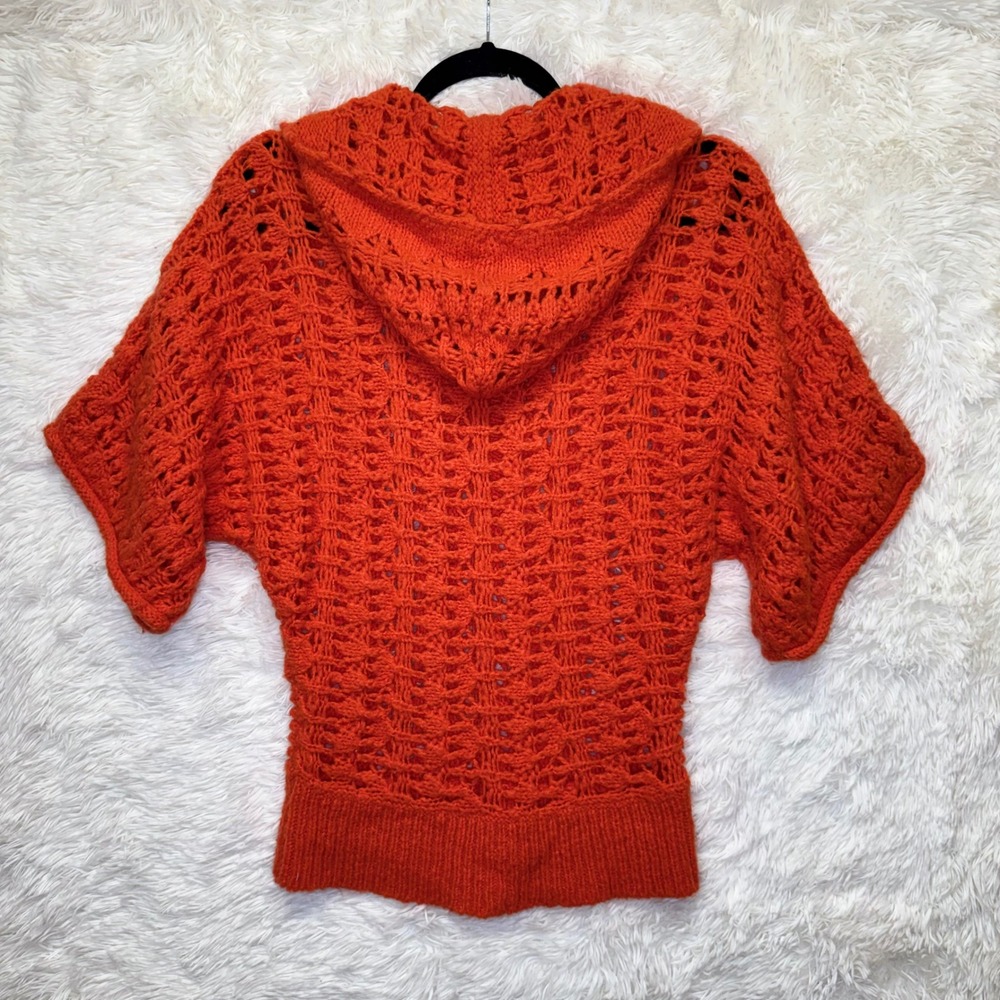 Free‎ People Orange Open Knit Hooded Sweater Wool Blend Henley Button Size Small - Picture 6 of 9